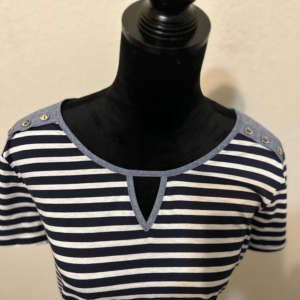 Adele & May Navy Striped Short Sleeve Top w/ Button Detail NWT! B#1